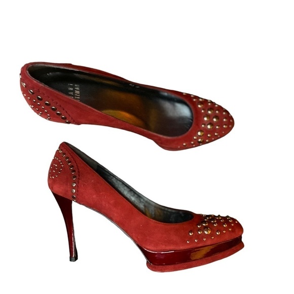 Stuart Weitzman Studded Suede Shoes Stilettos Size 8.5 Red - Picture 5 of 11
